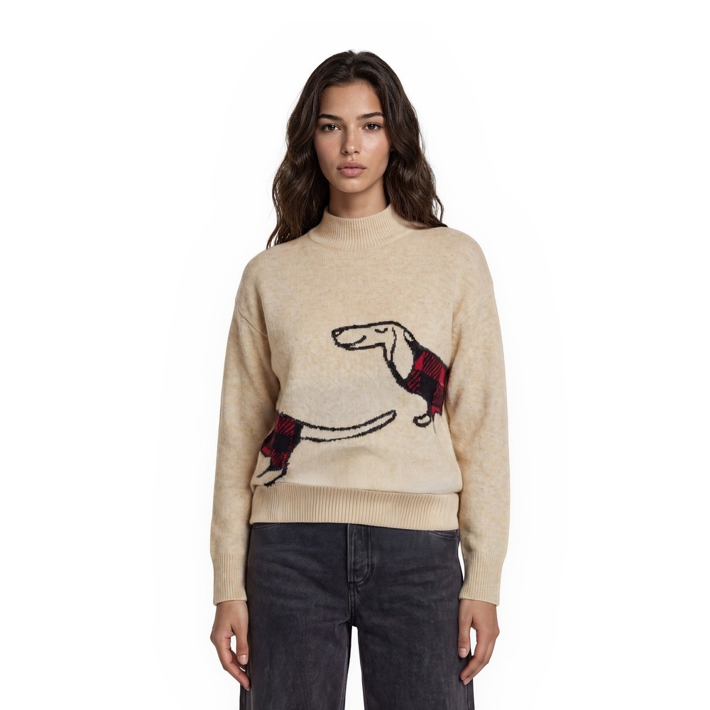LOFT Dog Sweater Women's Size XS Cream Plaid Mock Neck Dachshund Knit